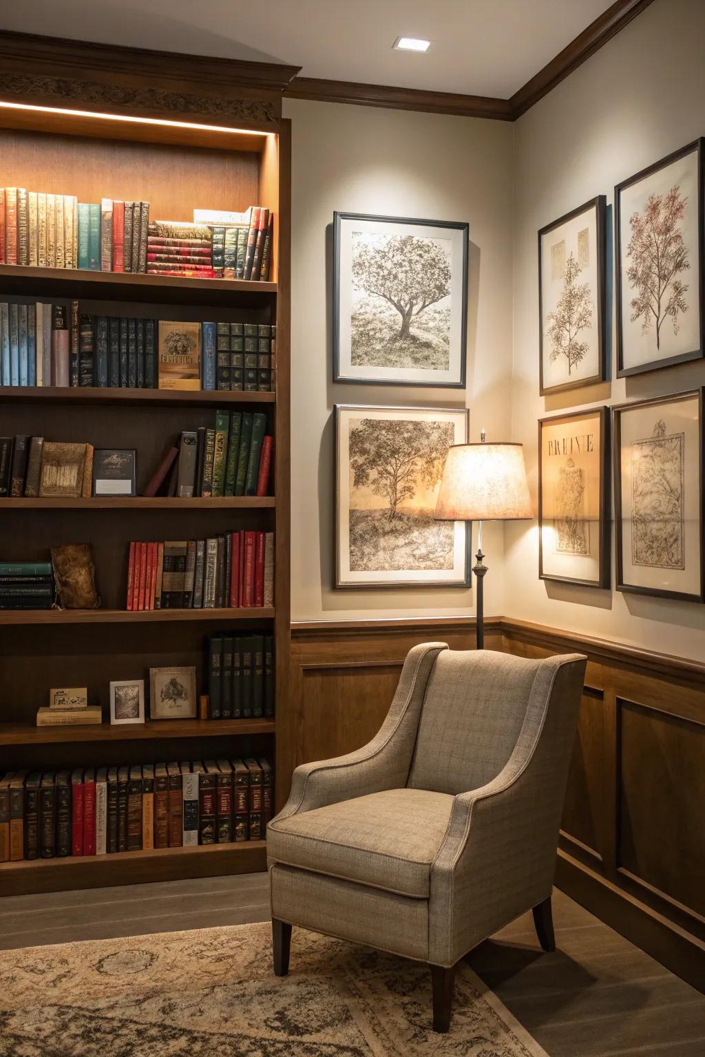 Art above bookshelves utilizes vertical space effectively and stylishly.