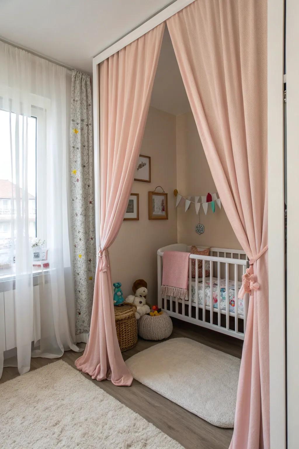 Curtain dividers offer privacy and define the baby corner within a shared space.