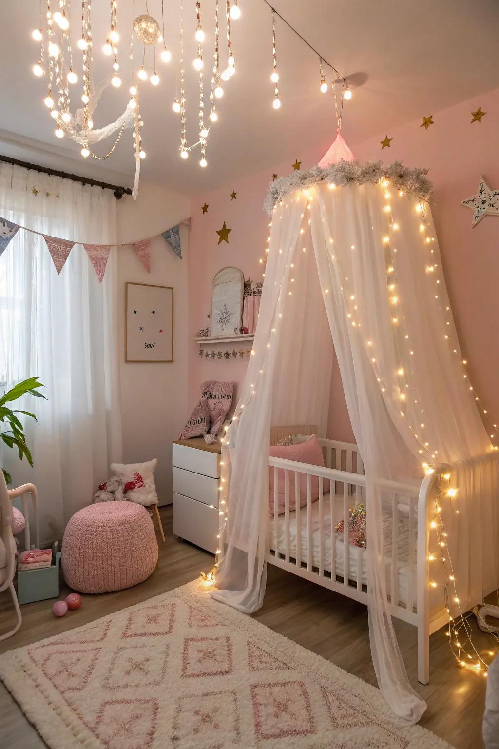 Fairy lights add a magical and cozy ambiance.