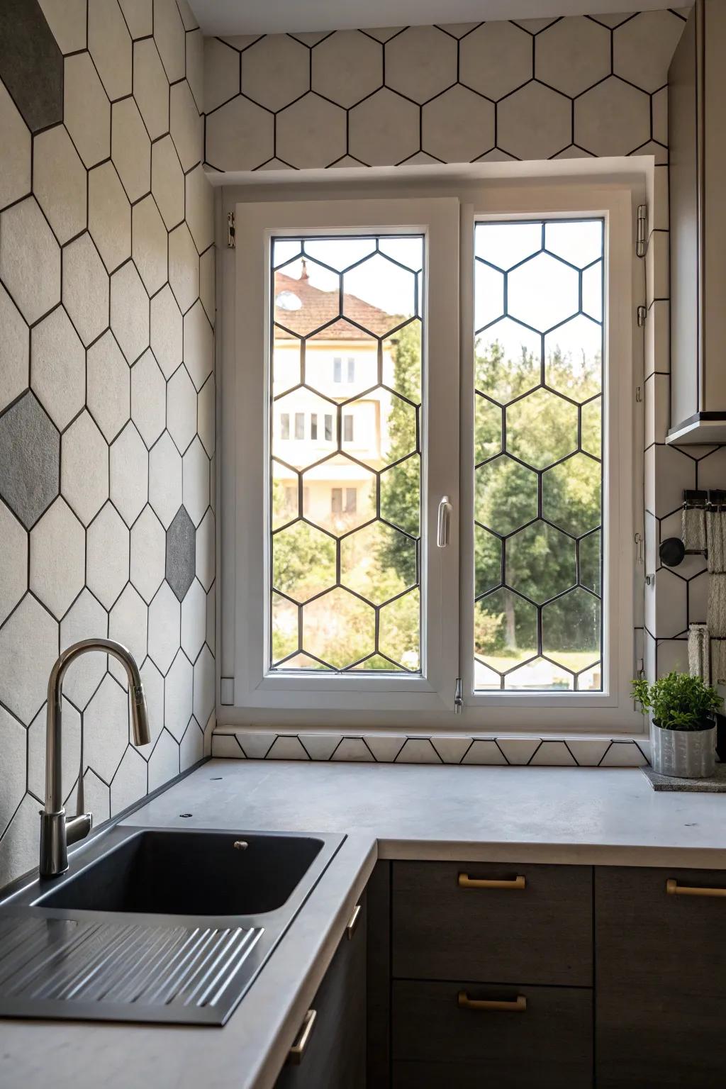 Hexagonal tiles providing a contemporary edge around a kitchen window.