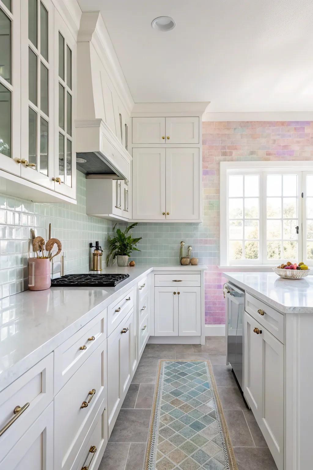 Glossy pastel tiles add a soft, airy glow