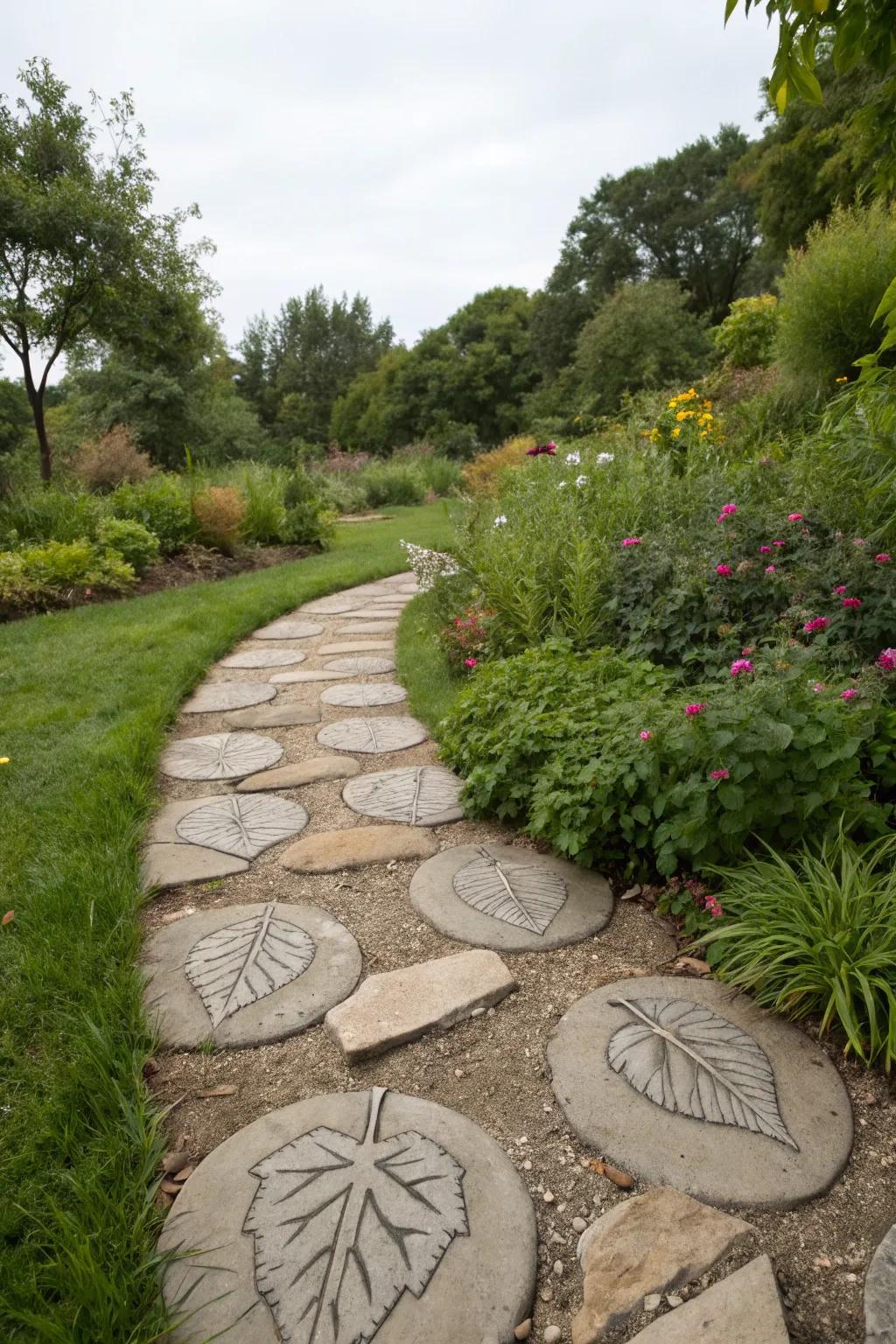 Artistic impressions personalize stepping stones with natural beauty.