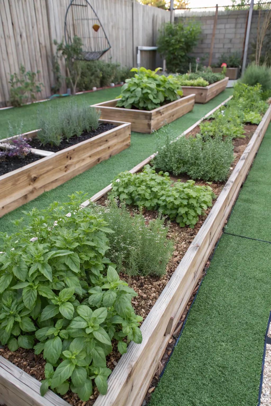 Herb gardens bordered by lush turf.