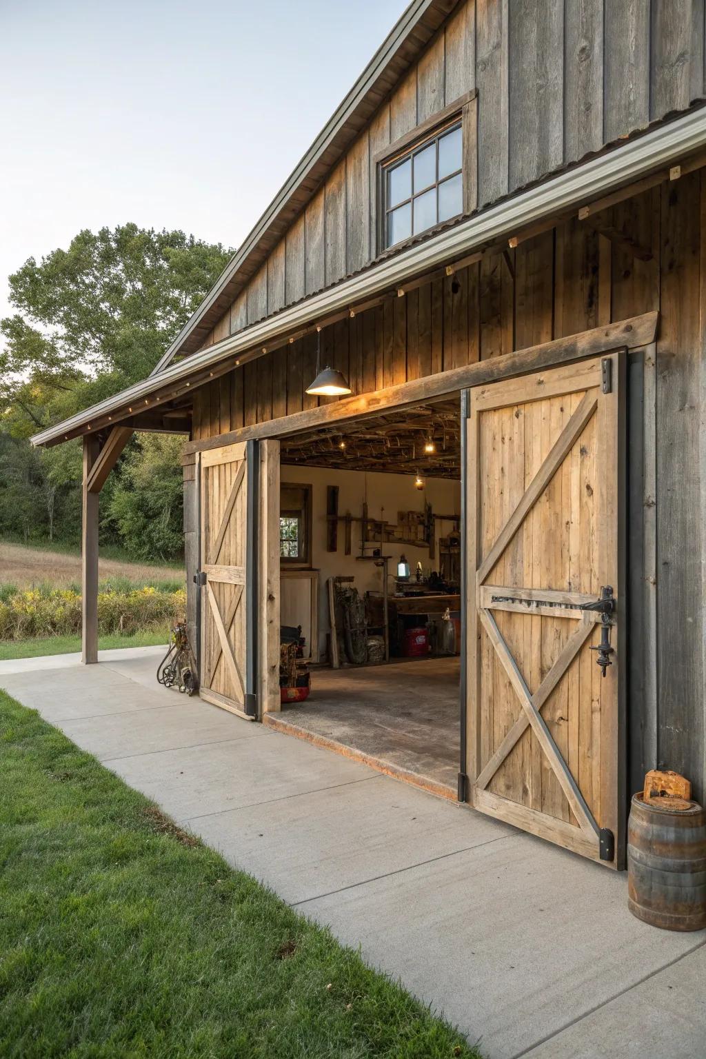 Sliding barn doors add a rustic touch and save space in this barn garage.