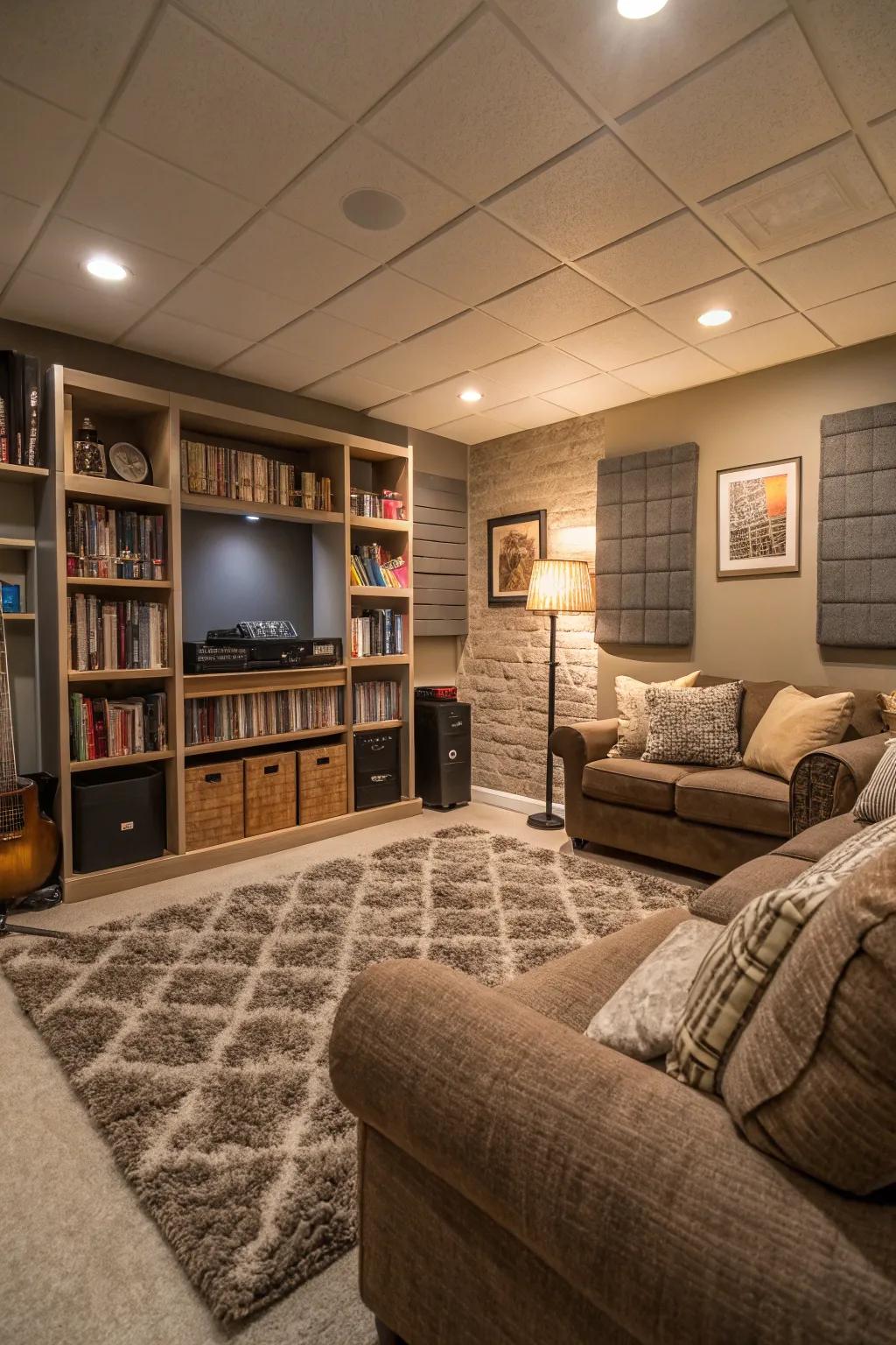 Soundproofing enhances the serenity and comfort of this basement family room.