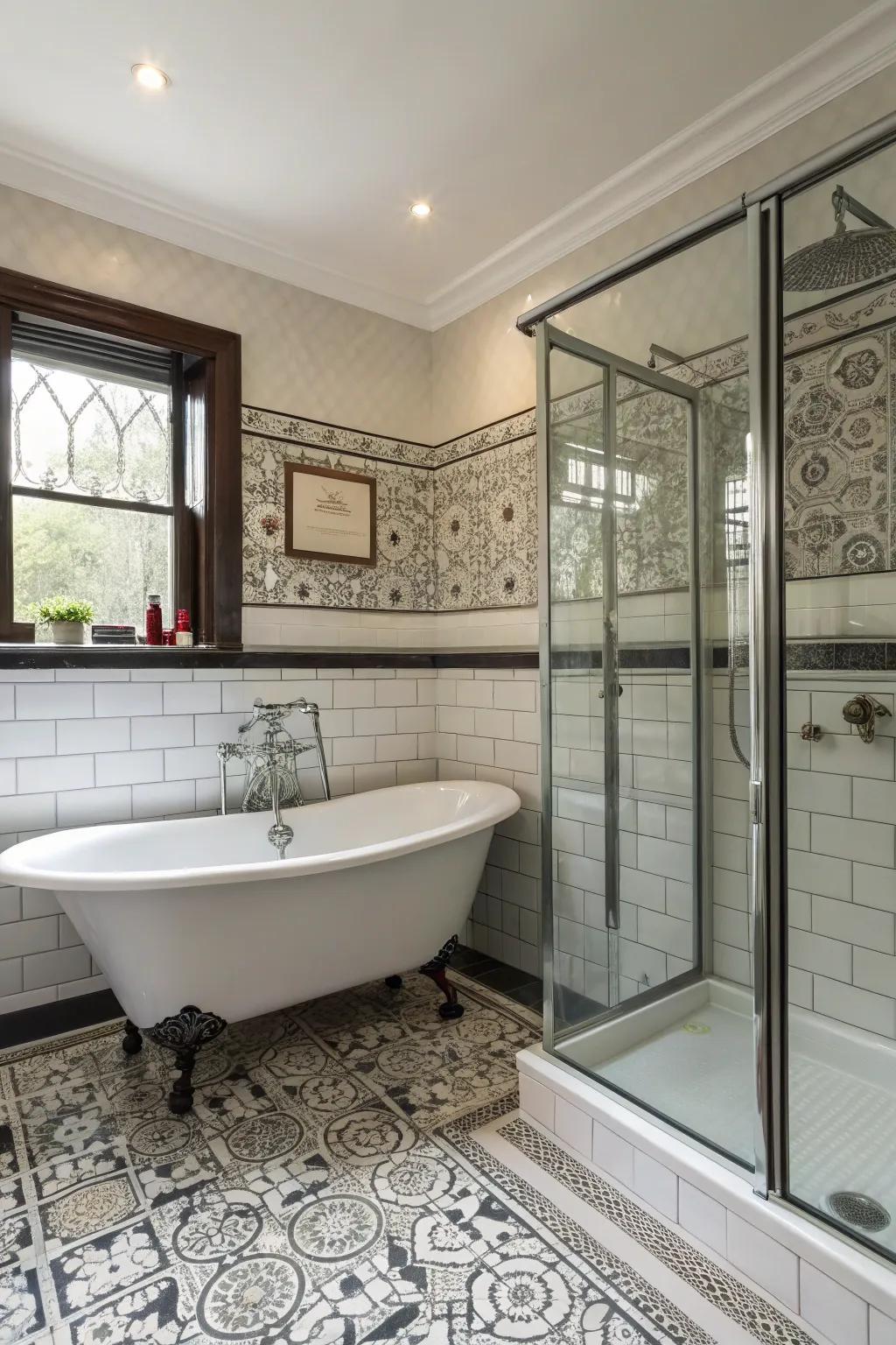 A bathroom that elegantly combines traditional and modern elements.