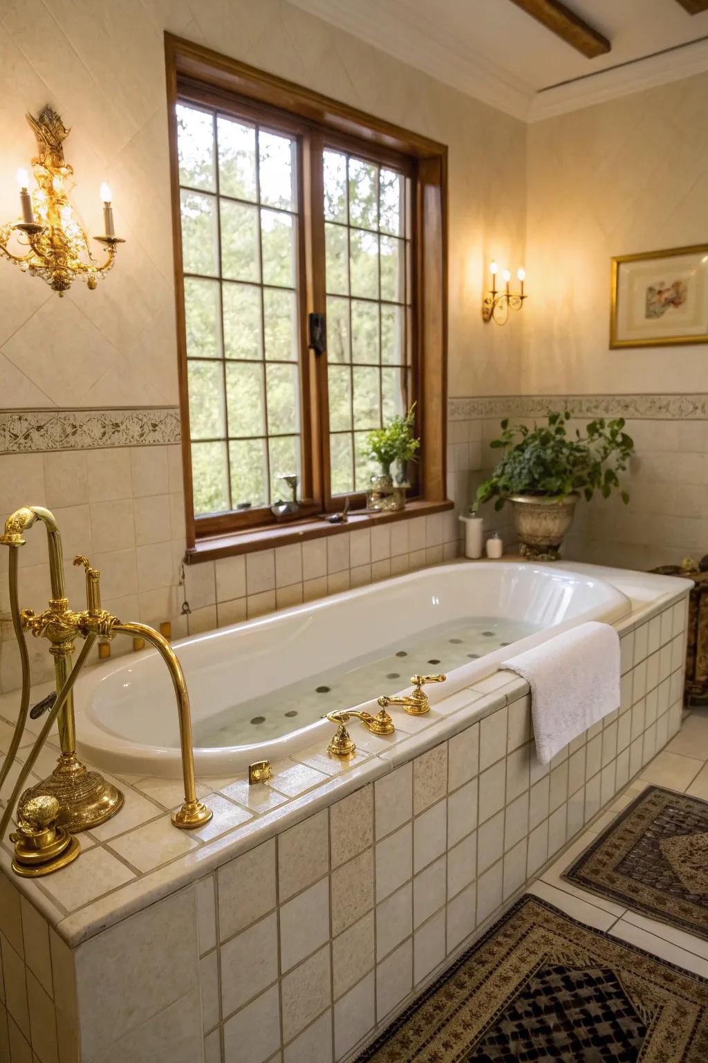 Gold fixtures add a touch of luxury to this bathtub area.