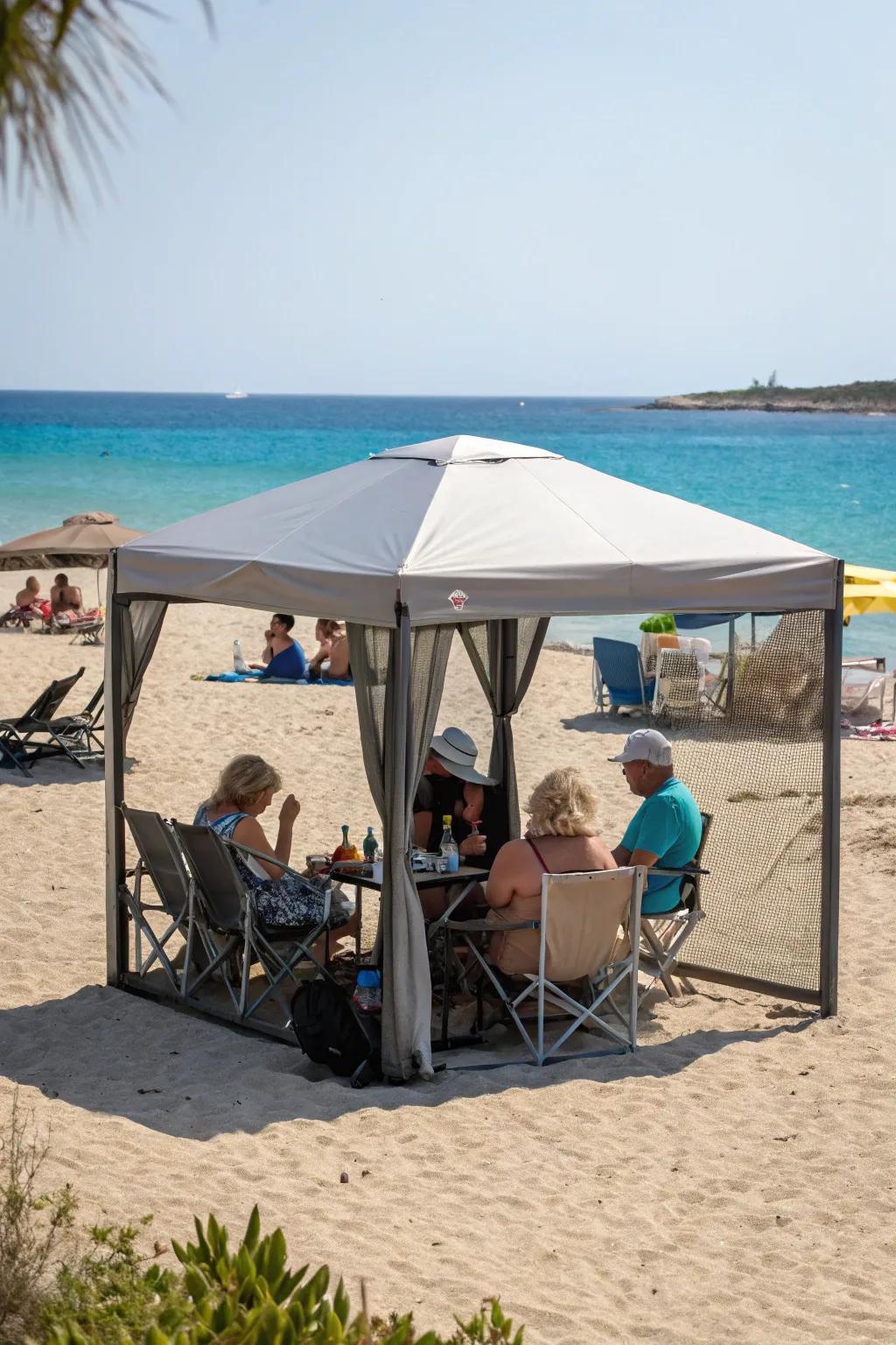 Portable gazebos offer expansive shade for large beach groups.