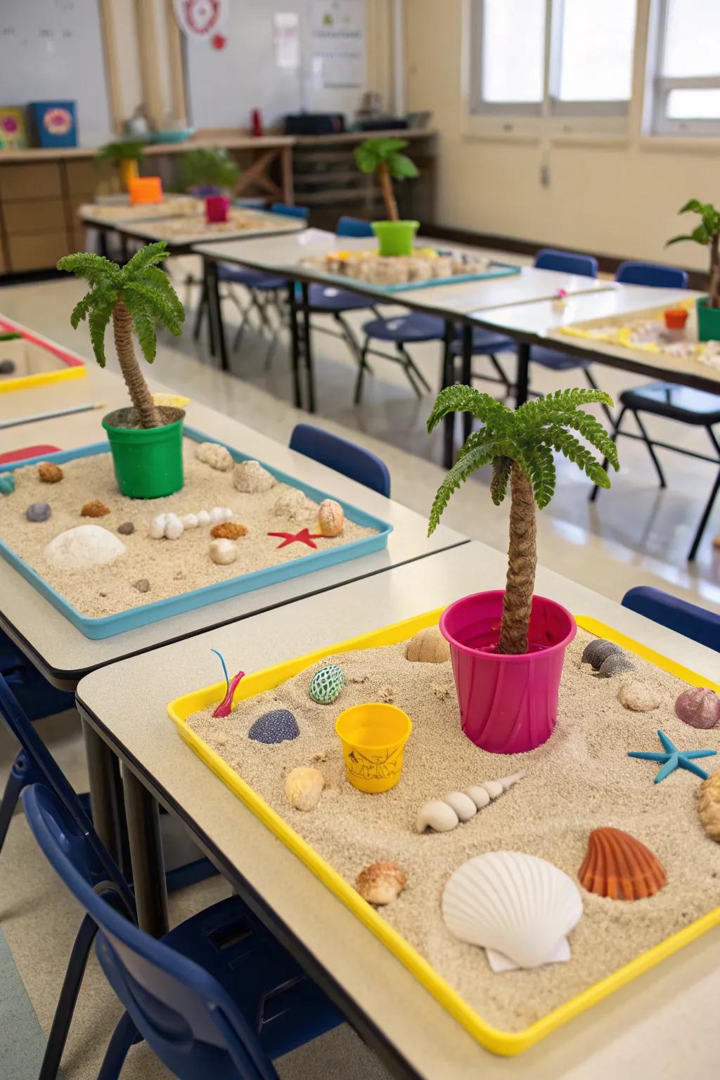 Beach-themed table settings create a cohesive and charming classroom atmosphere.