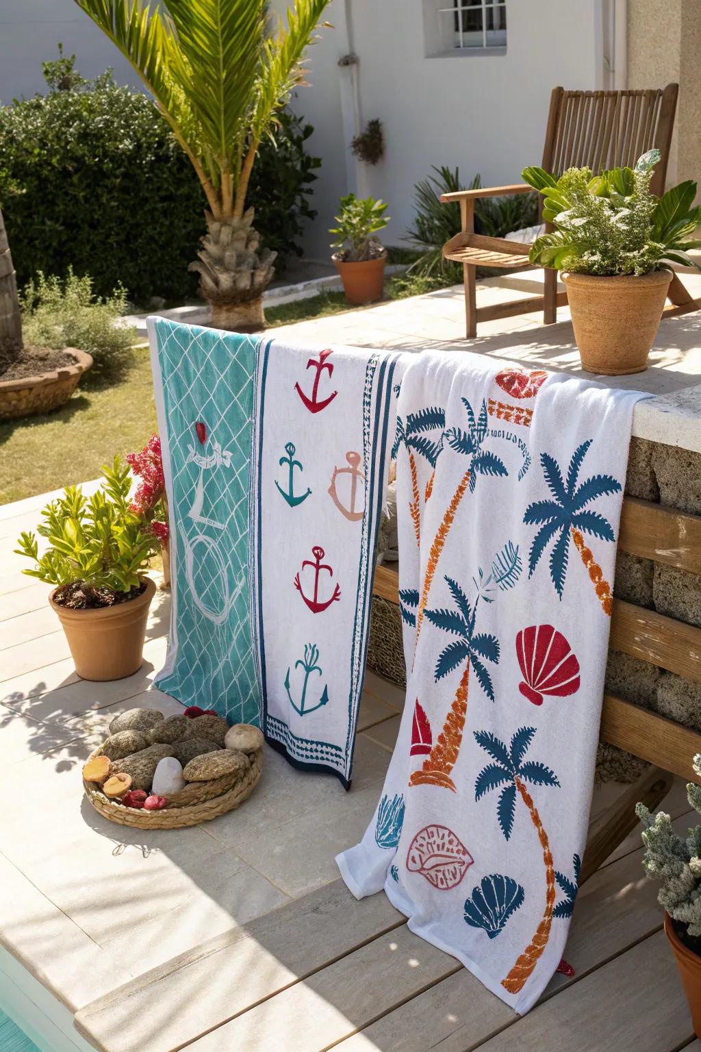 Express your style with themed beach towels that showcase your passions.