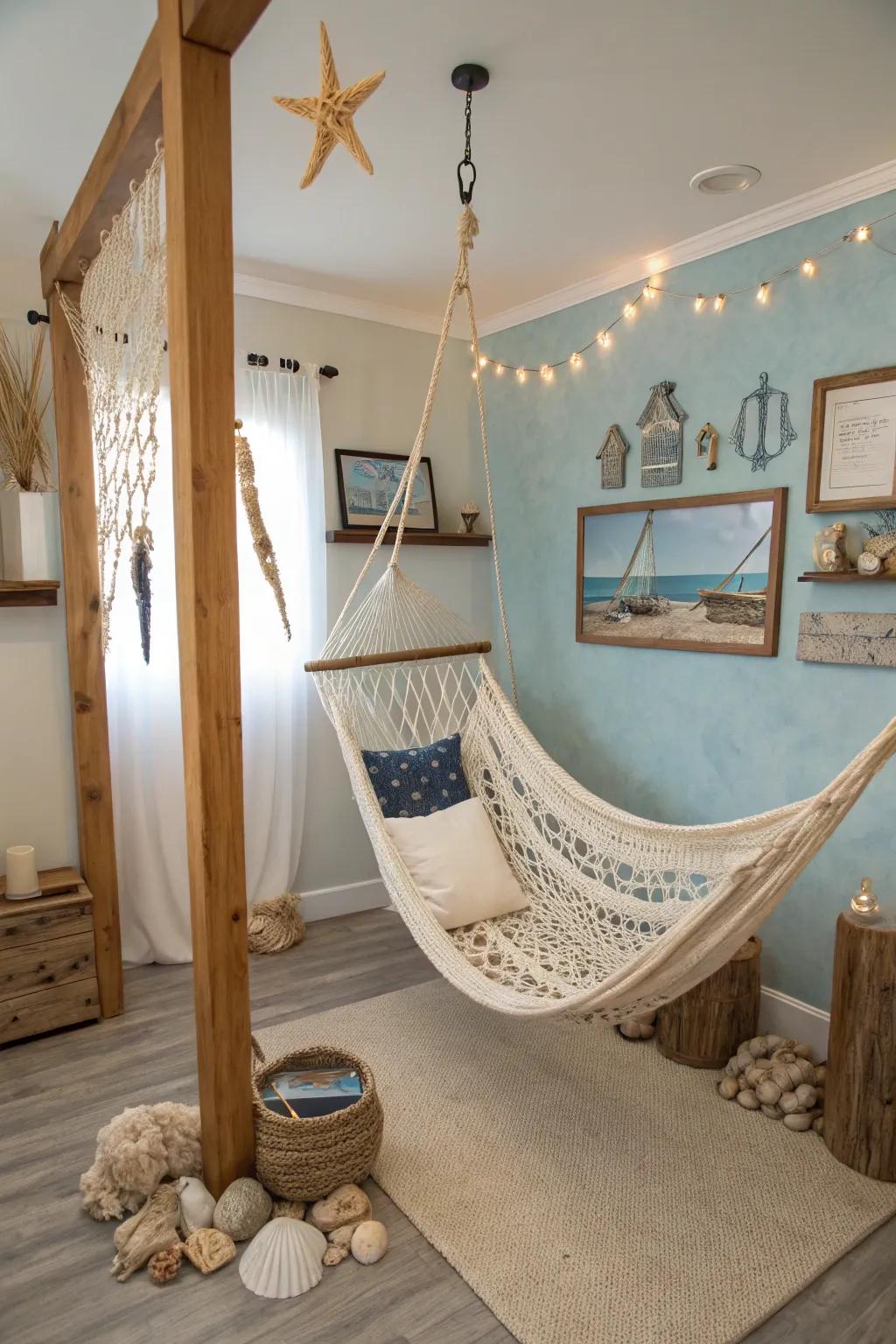 A hammock offers a relaxed, beachy vibe.