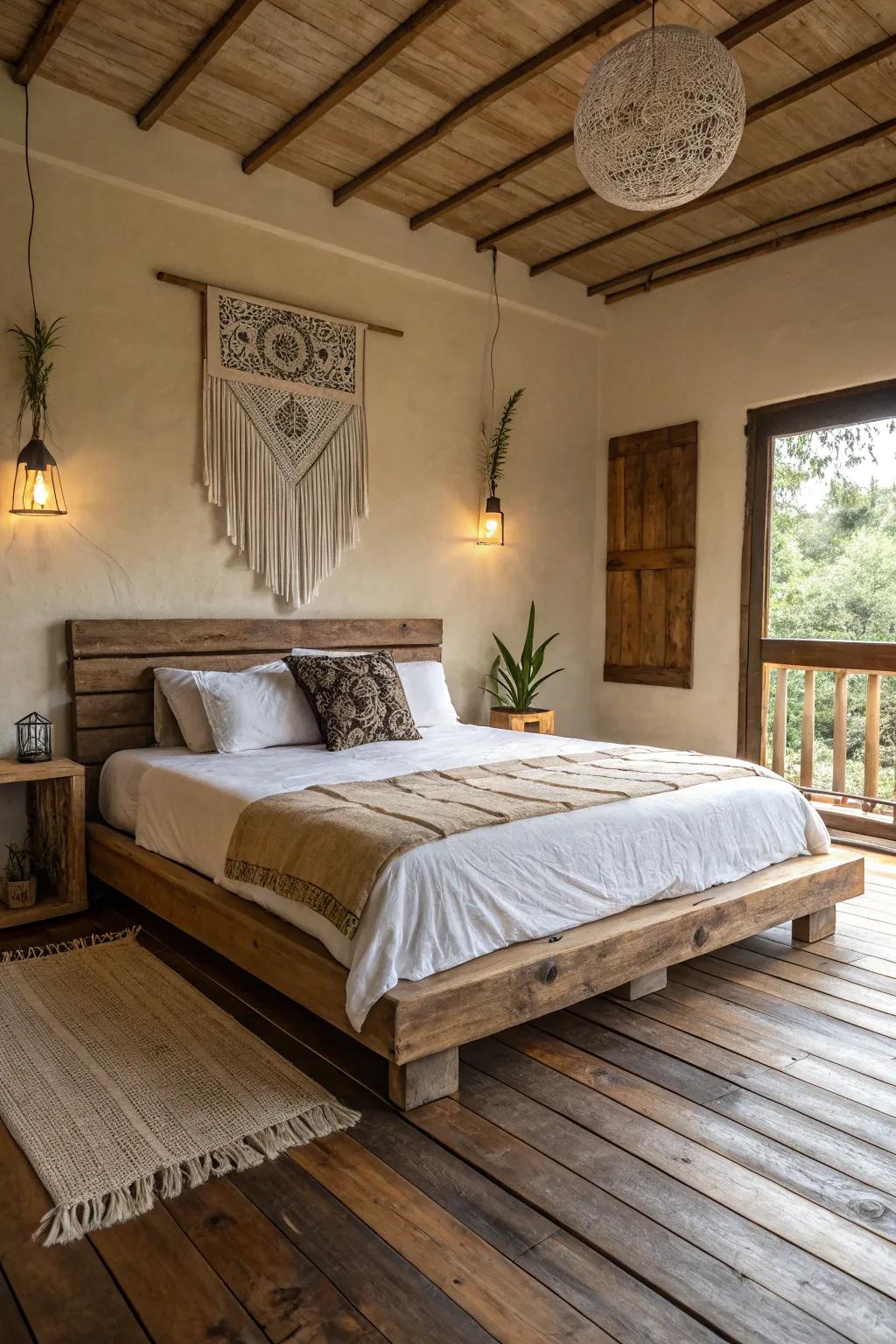 Rustic wooden platforms offer an earthy and natural bedroom vibe.