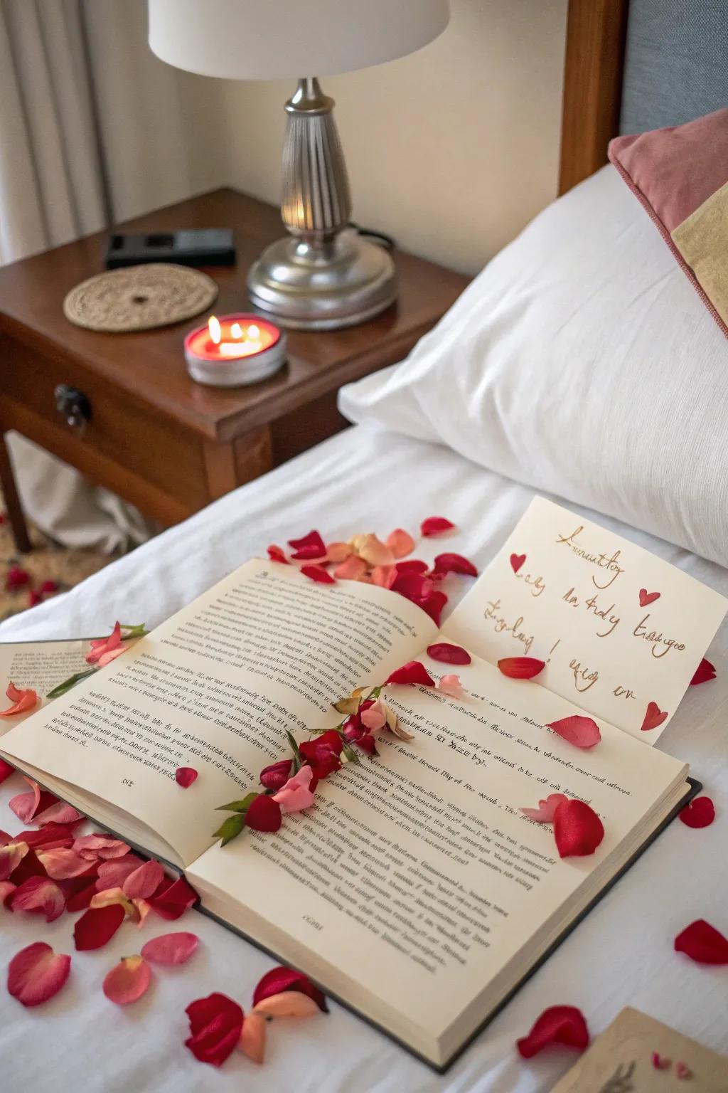 A heartfelt surprise with rose petals hidden within the pages of a beloved book.