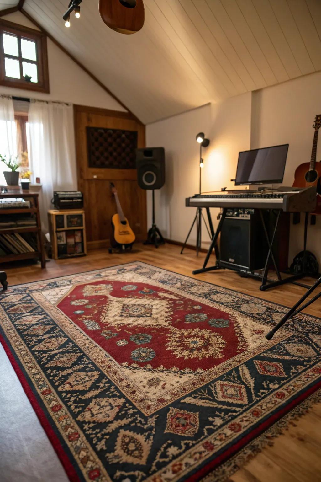 A cozy rug adds acoustic warmth and style to your music studio.