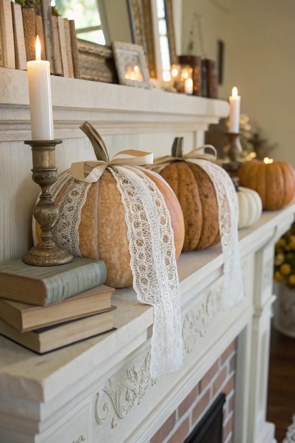 Add romance with vintage lace-wrapped pumpkins.