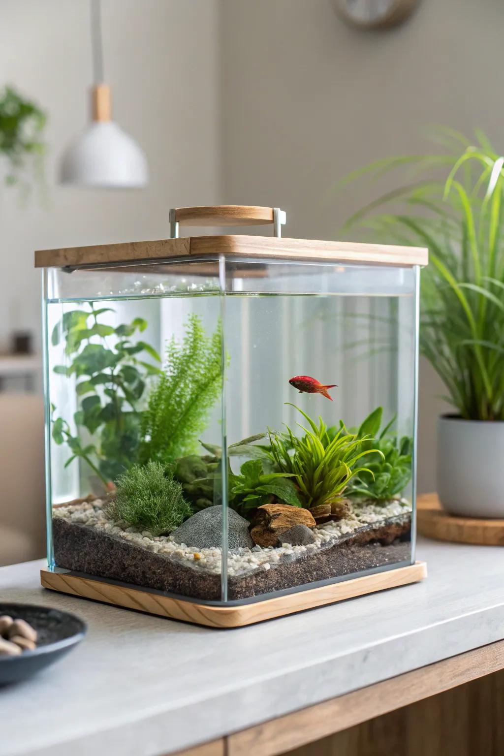 Eco-friendly elegance with sustainable materials in a betta tank.