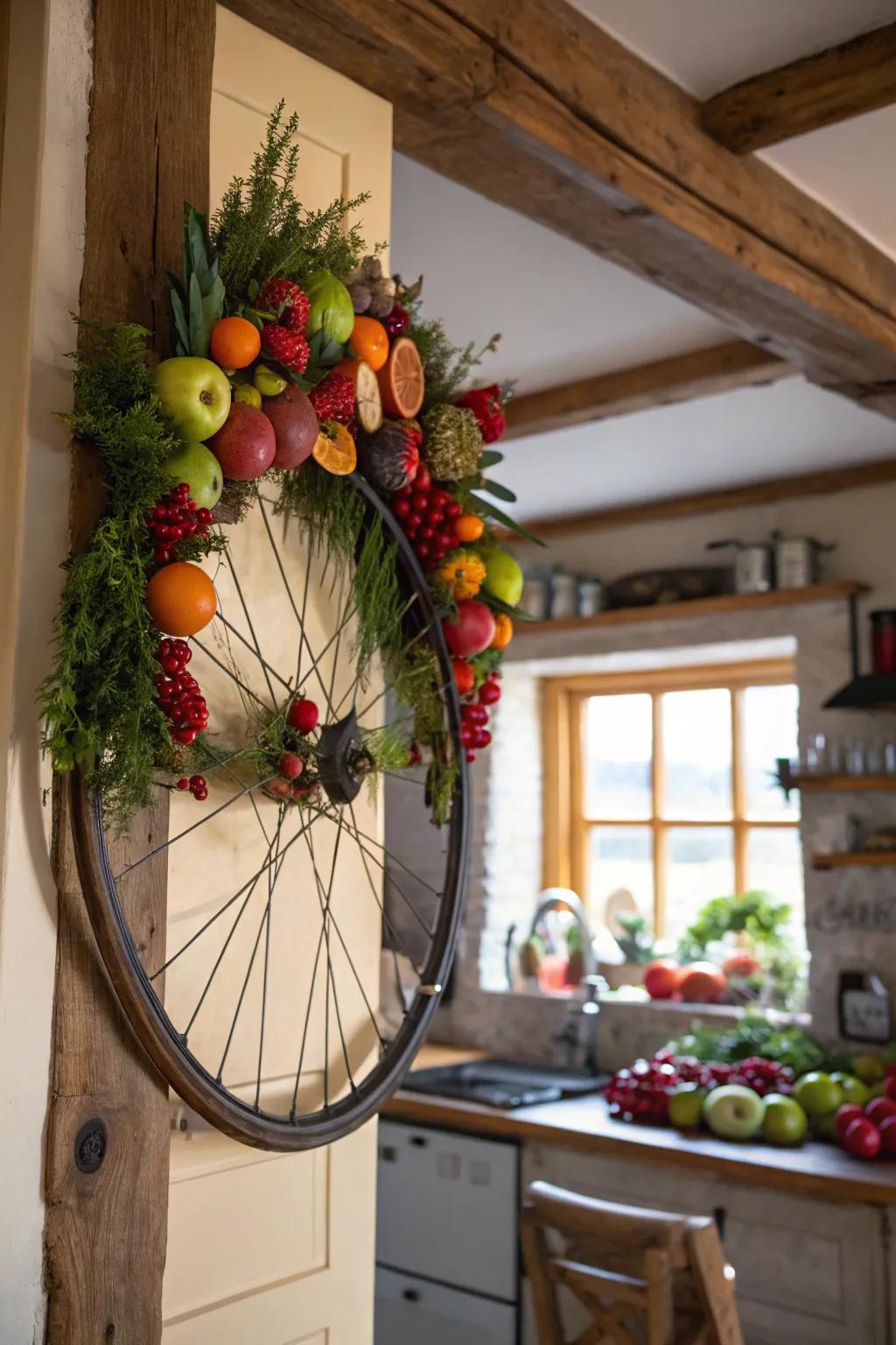 A harvest-themed bicycle wreath with fruits and vegetables for a fresh look.