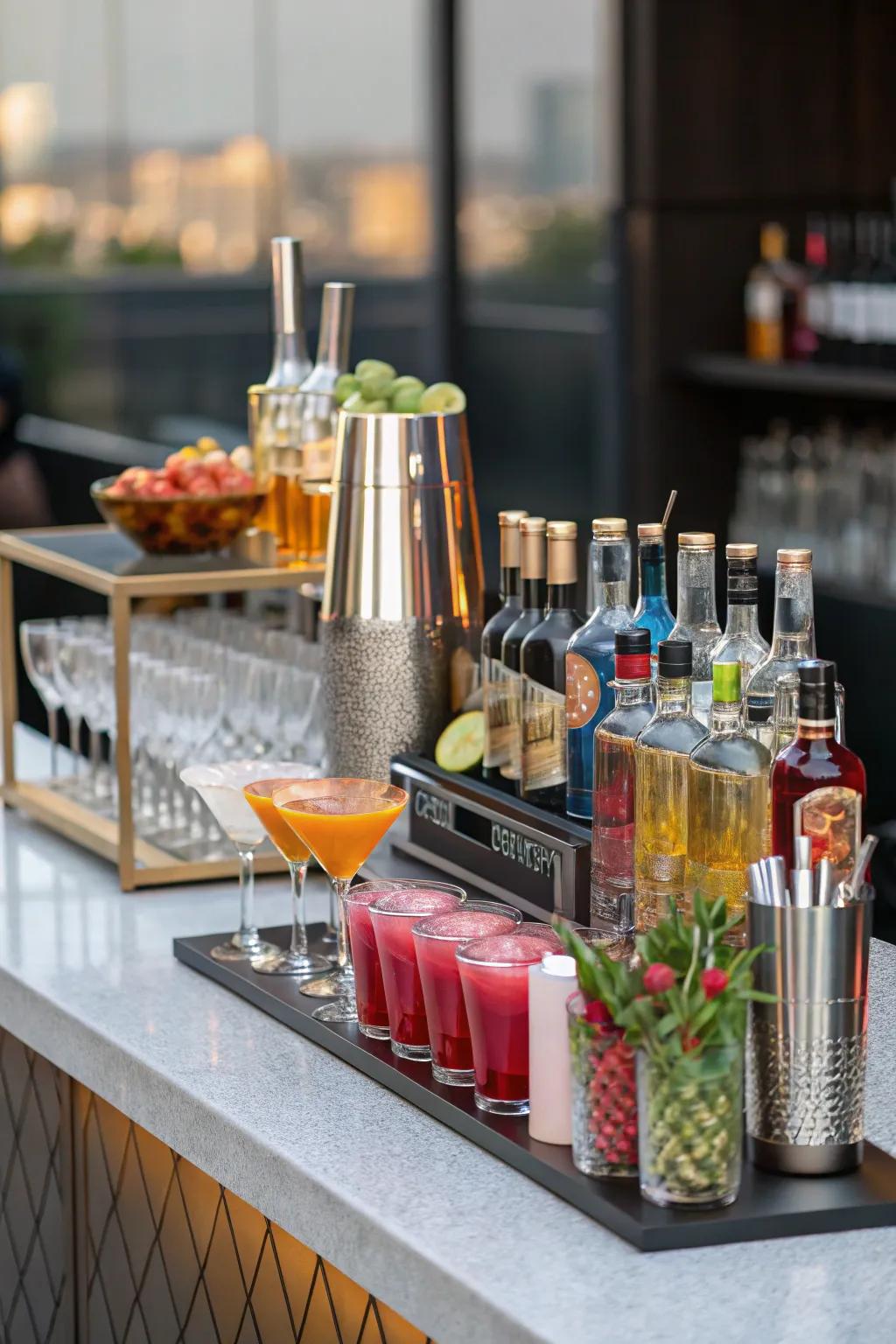 A stylish cocktail station with a variety of spirits and mixers.