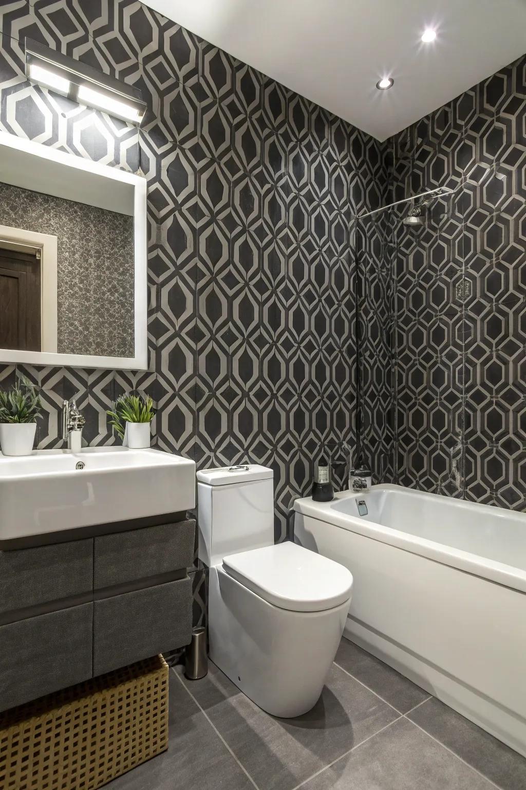 A bathroom featuring patterned wallpaper for a distinctive look.