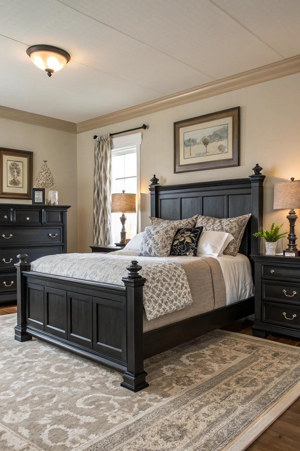 A bedroom featuring black-stained wood furniture for added warmth.