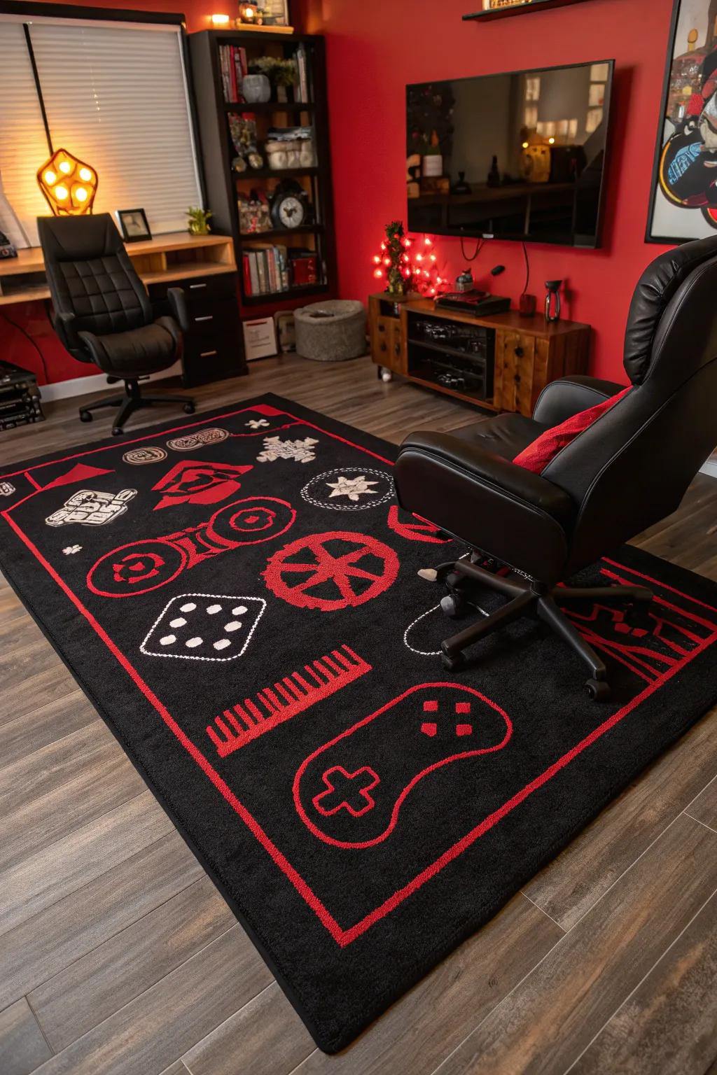 A gaming-inspired rug in black and red anchors the room and adds a cozy feel.