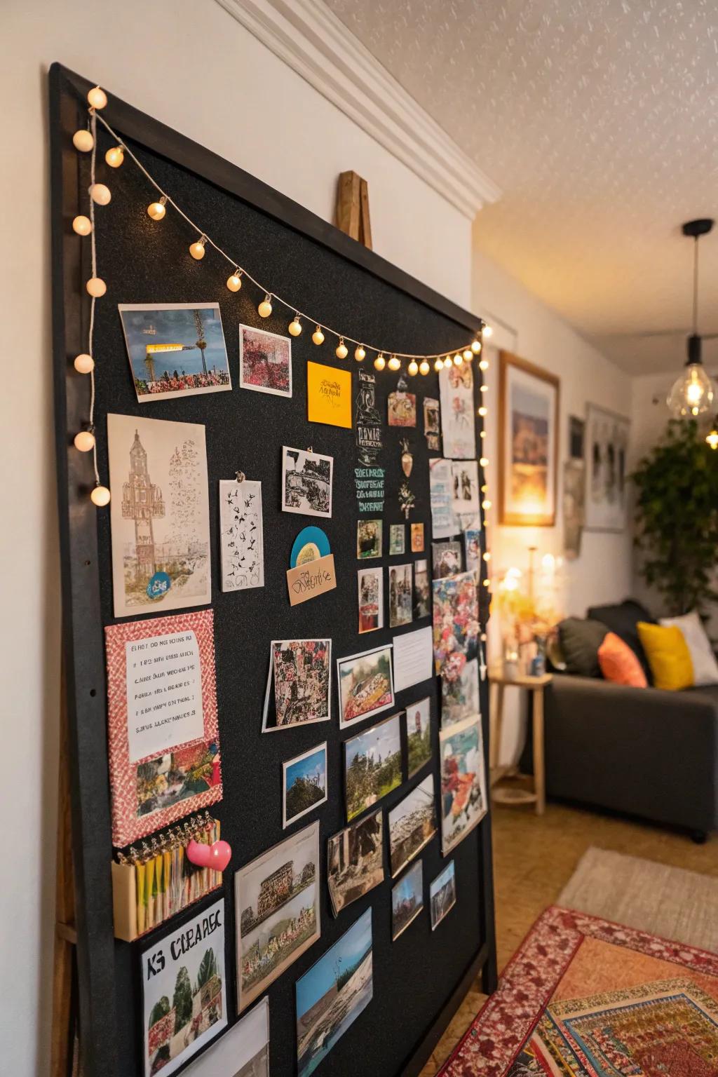 Capture the essence of your adventures with an eclectic bulletin board.