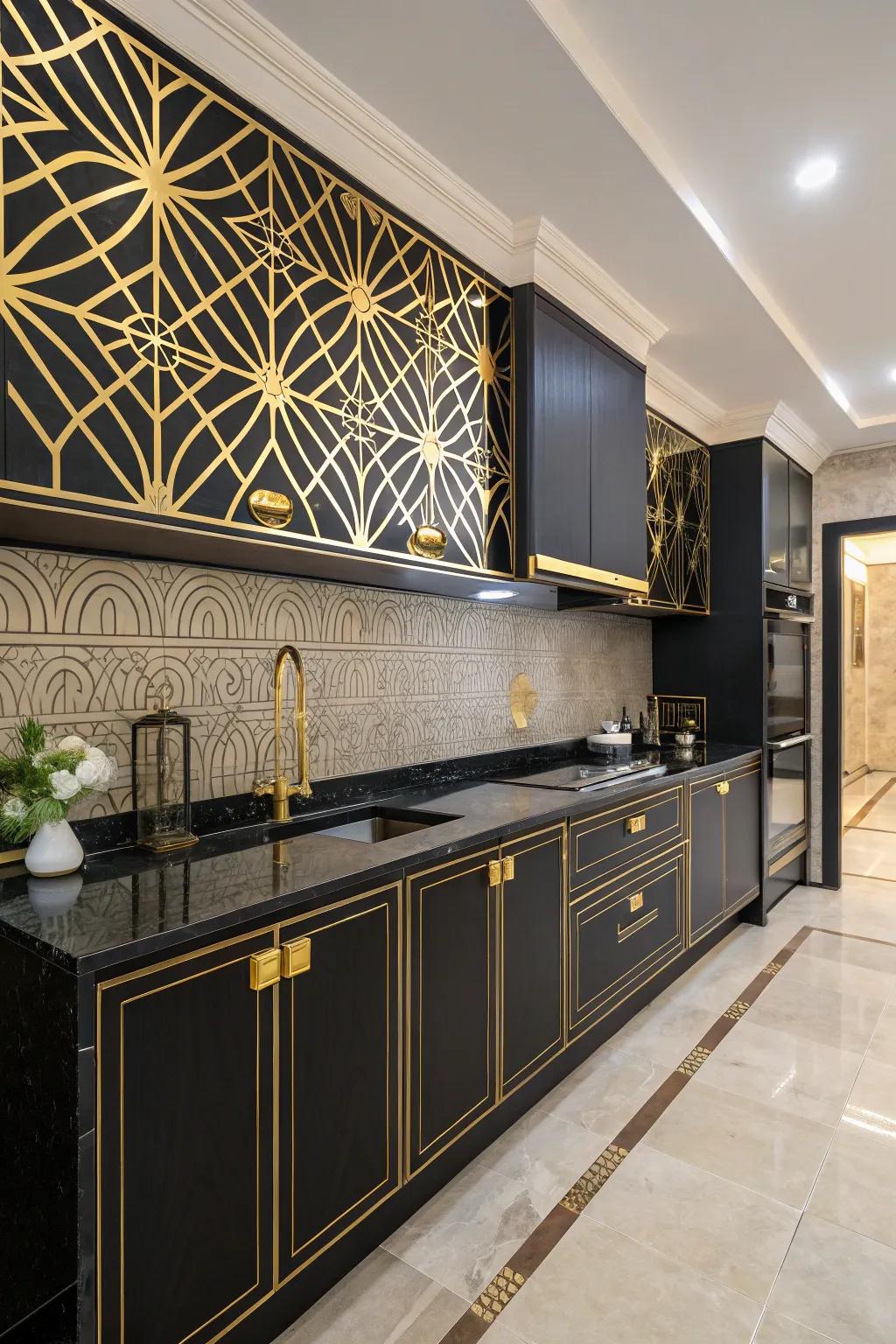 Art Deco style with black countertops and gold accents.