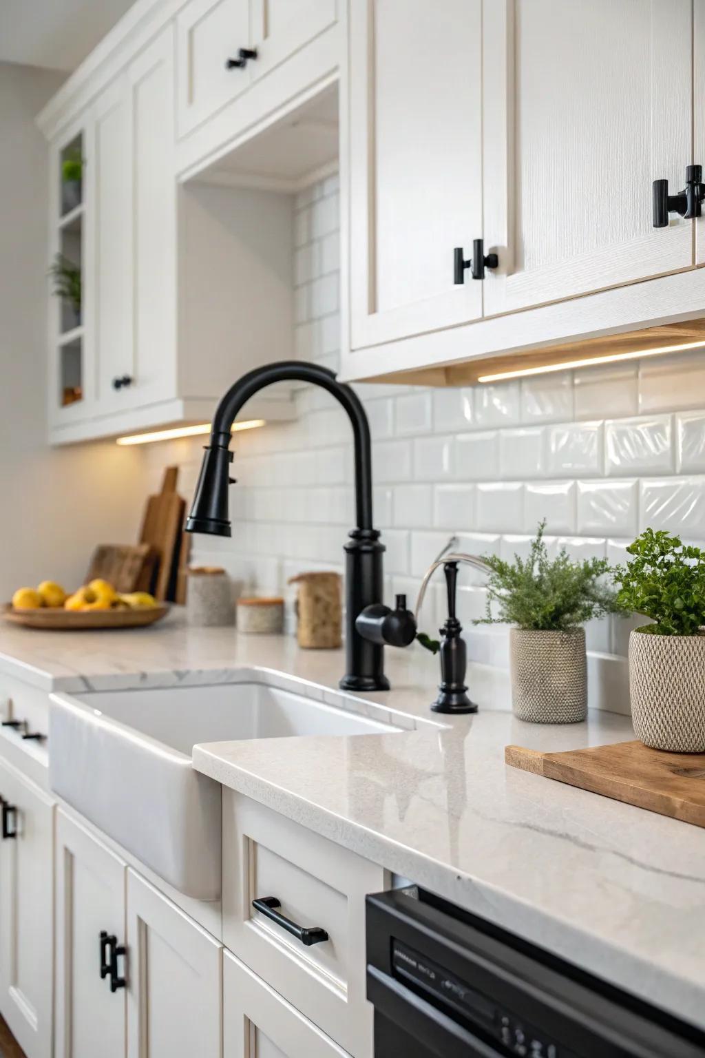 Cohesive design elements create harmony in this kitchen with a black faucet.