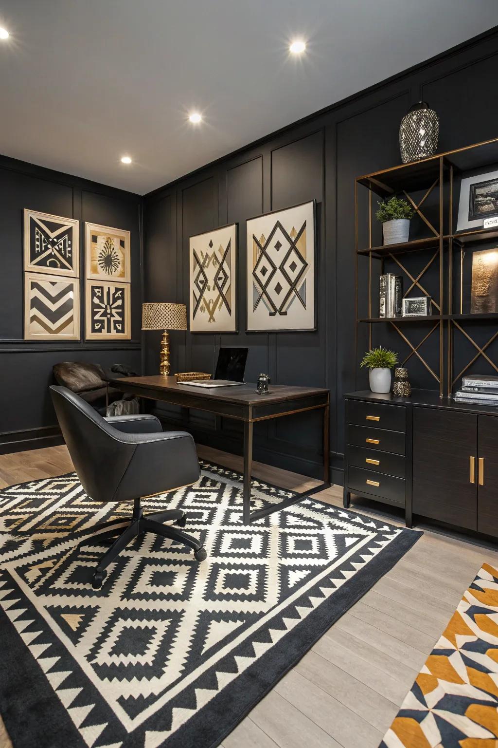 Geometric patterns introduce playfulness and sophistication to a black office.