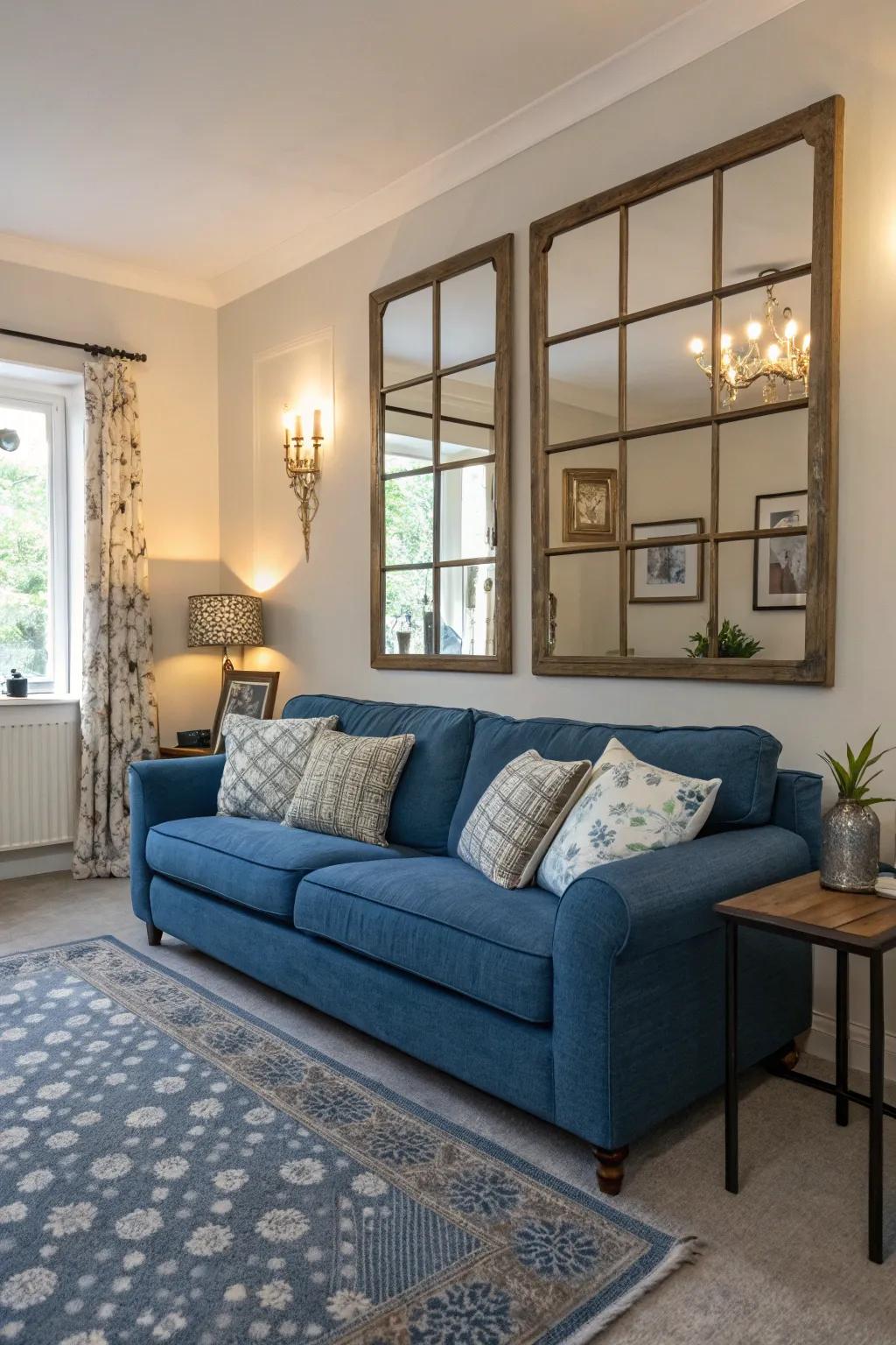 Mirrors enhance the space and reflect the beauty of a blue couch.