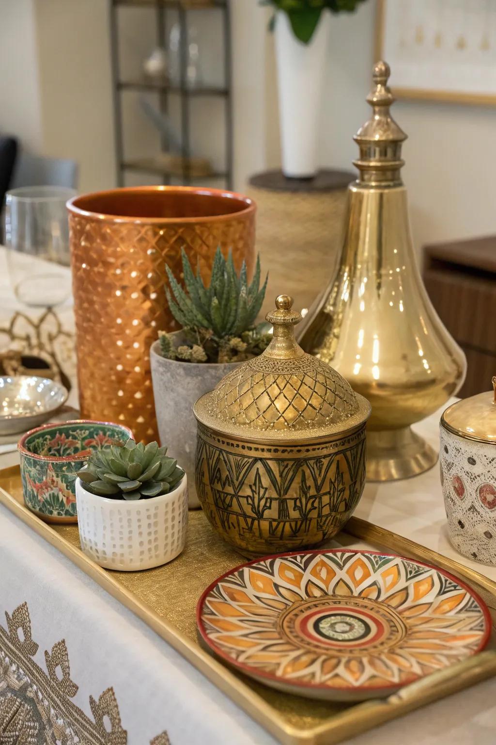 Unique tabletop decor items add personality and style to the room.