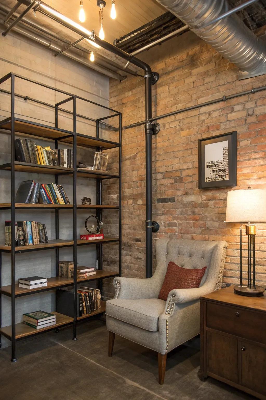 An industrial nook offering a modern and bold reading environment.