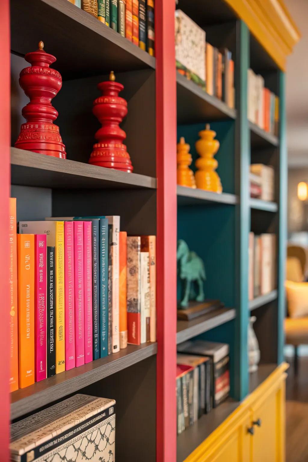 High-contrast design elements make a dramatic statement on a bookshelf.