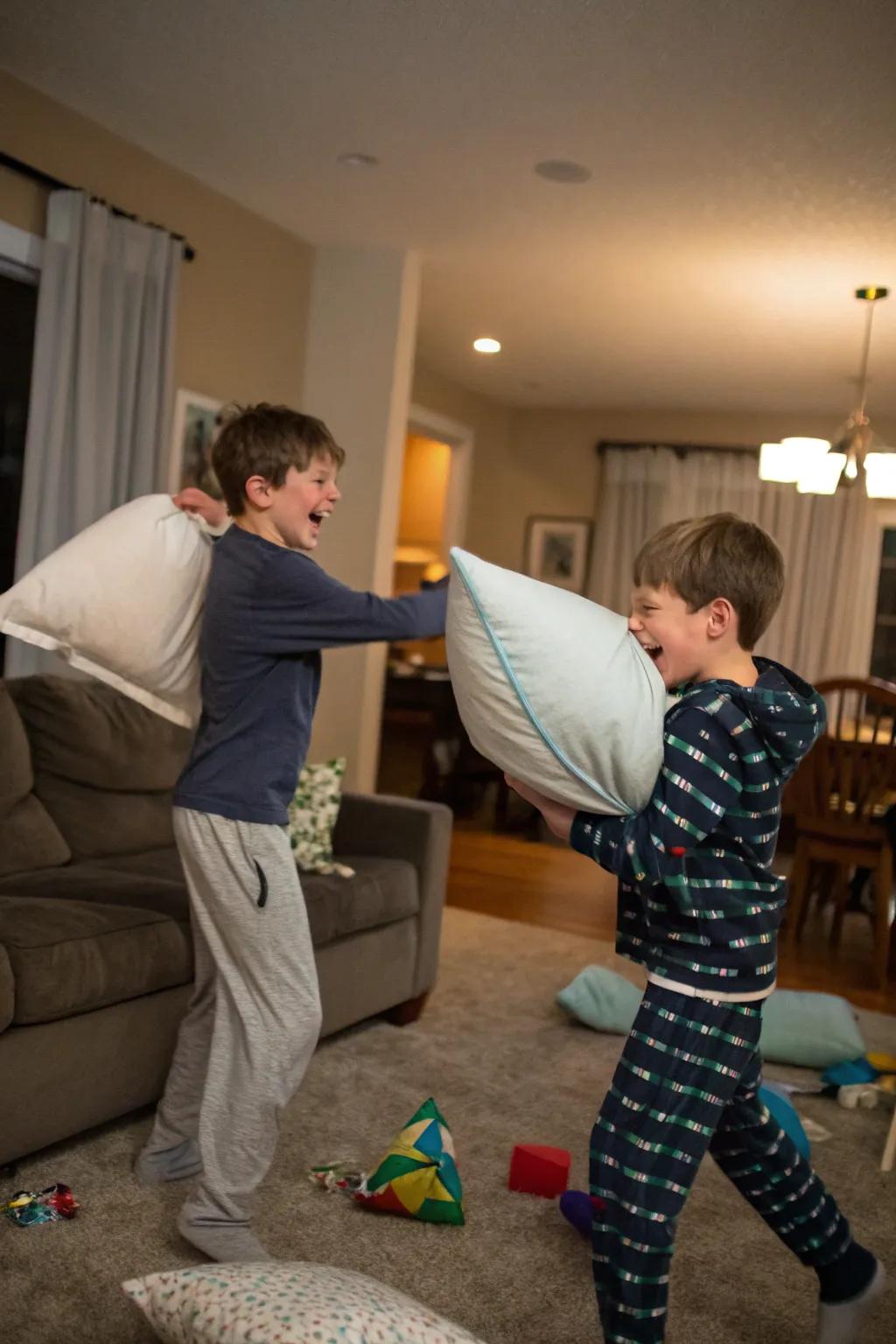 A pillow fight championship adds excitement and laughter.