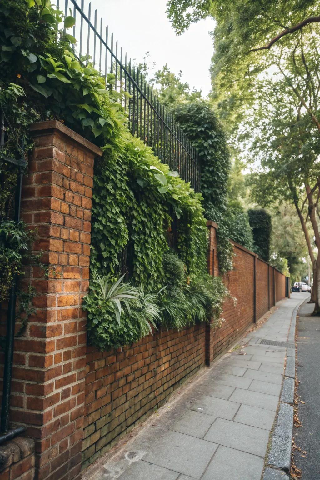 A living wall infuses greenery into the brick fence design.