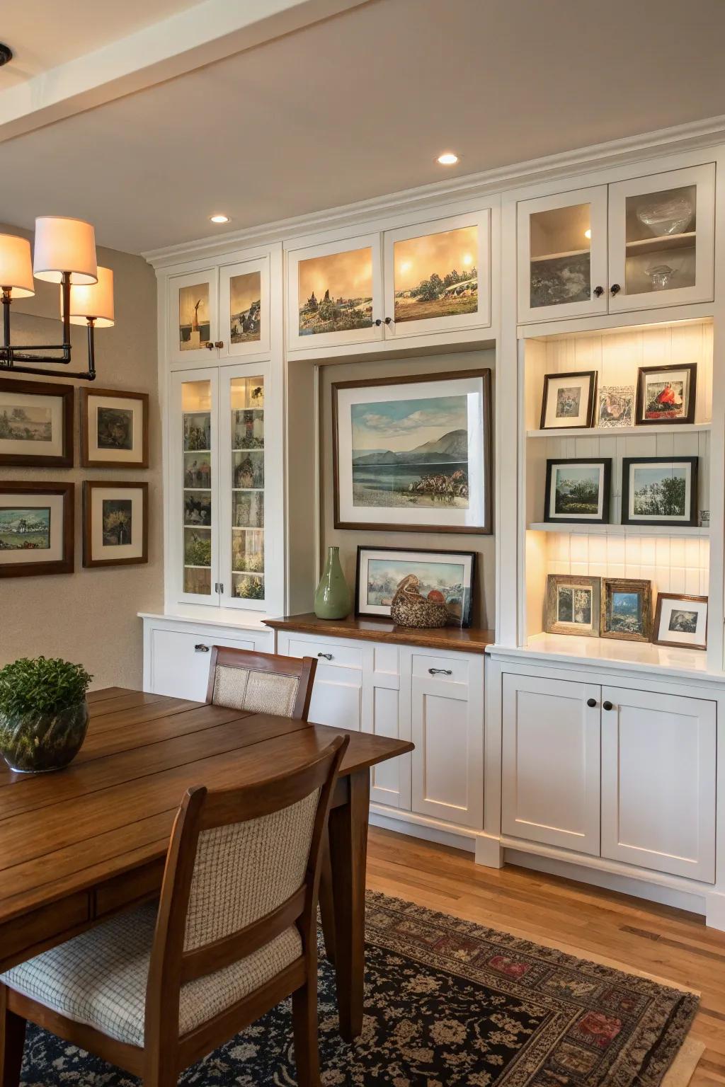 Built-in cabinets framing artwork in a dining room, adding a personal touch.