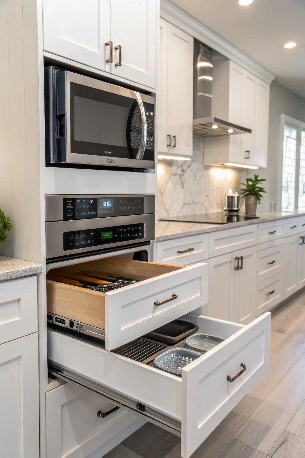 A microwave paired with a pull-out drawer for added convenience.