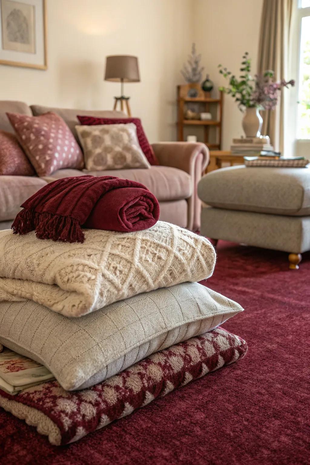 Soft furnishings layered on a burgundy carpet create a personal sanctuary.