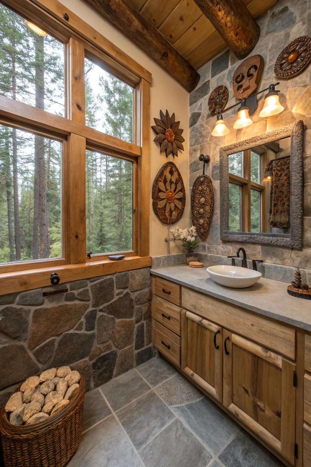 Art pieces personalize and enhance your cabin bathroom.