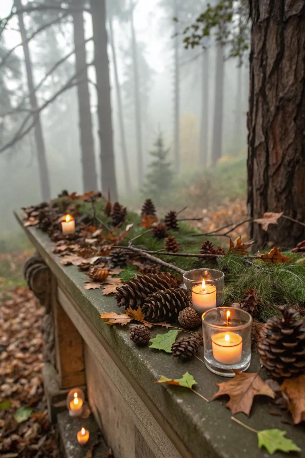 Whimsical woodland scene with candles.