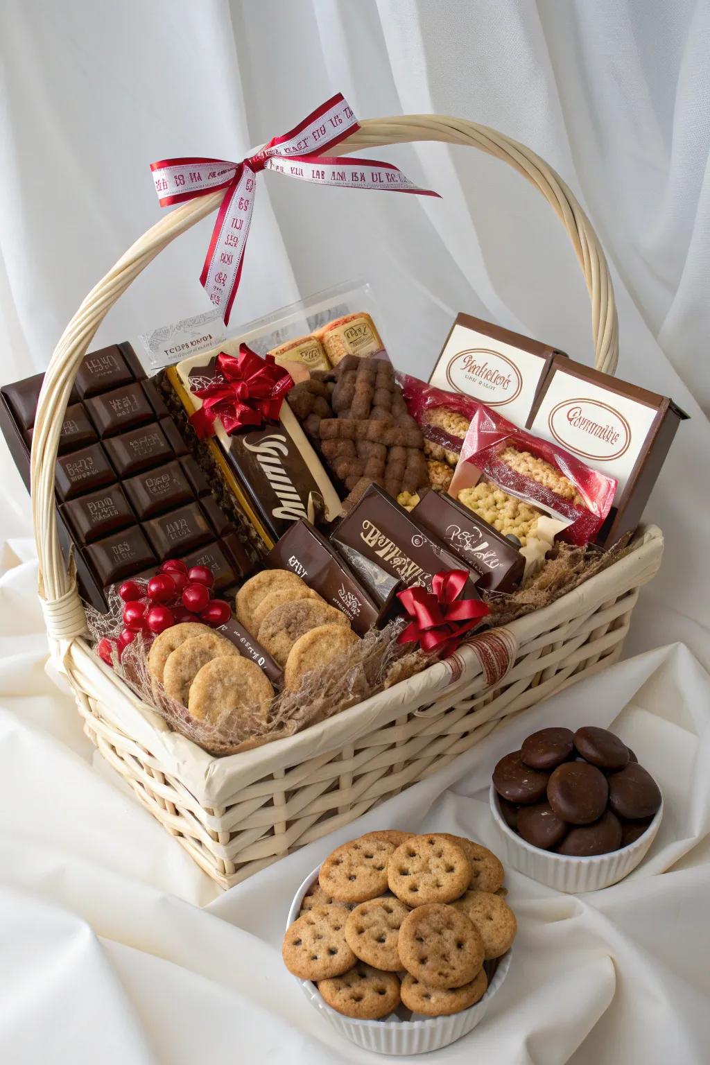 Themed candy bar gift baskets for a luxurious holiday gift experience.