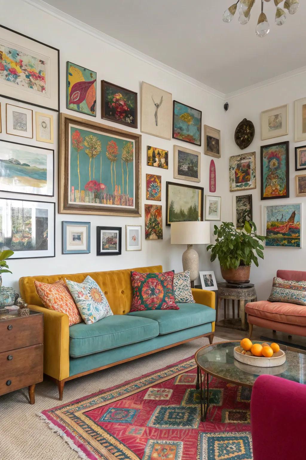 An eclectic art mix creates a dynamic gallery.