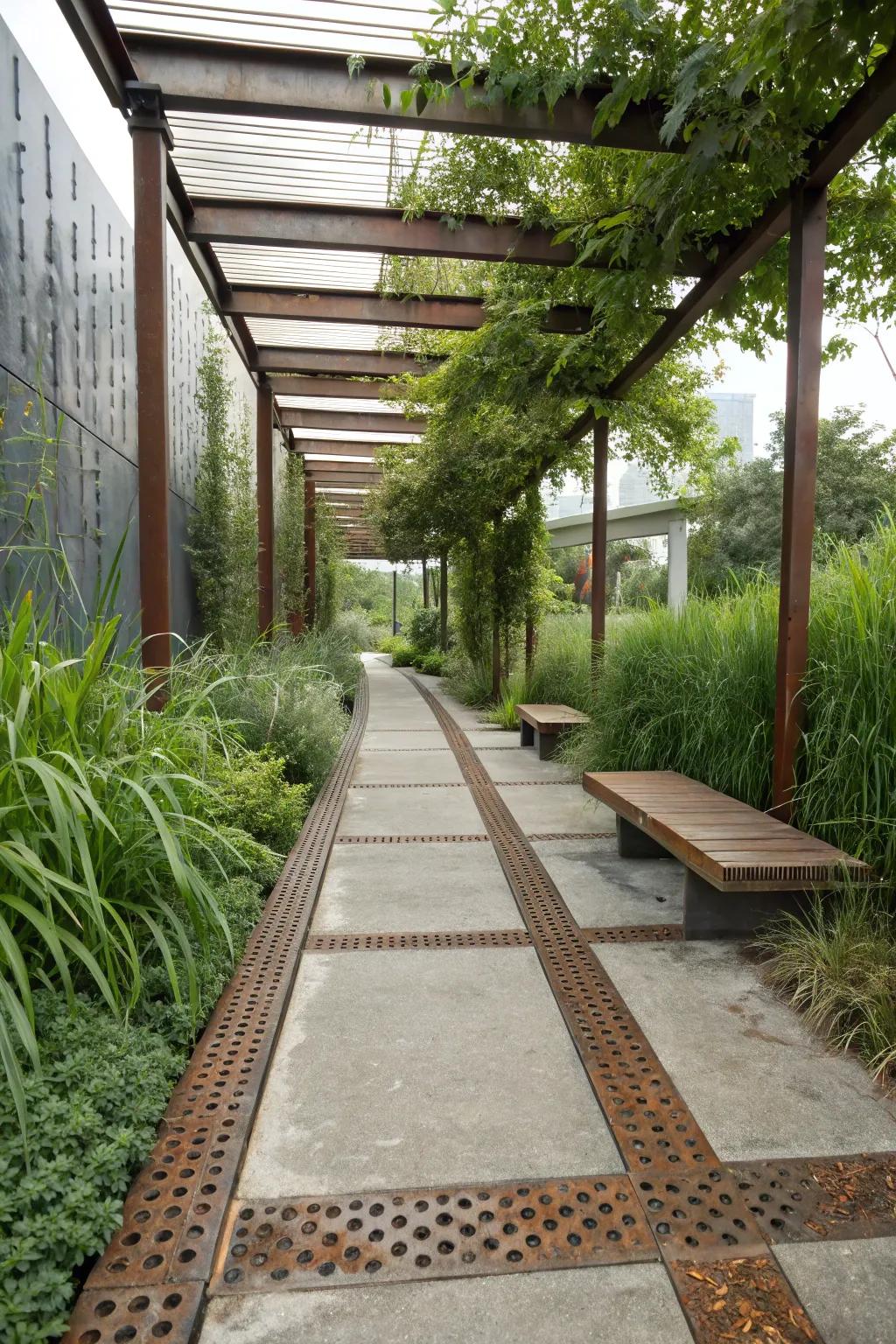 Industrial chic cement walkway with metal inlays for a modern edge.