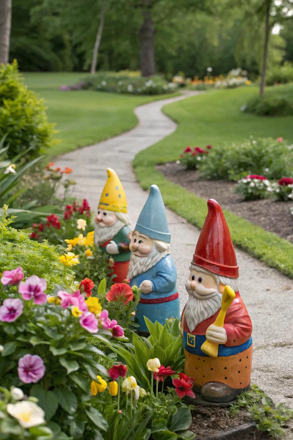 Ceramic garden gnomes add playful character to your outdoor space.