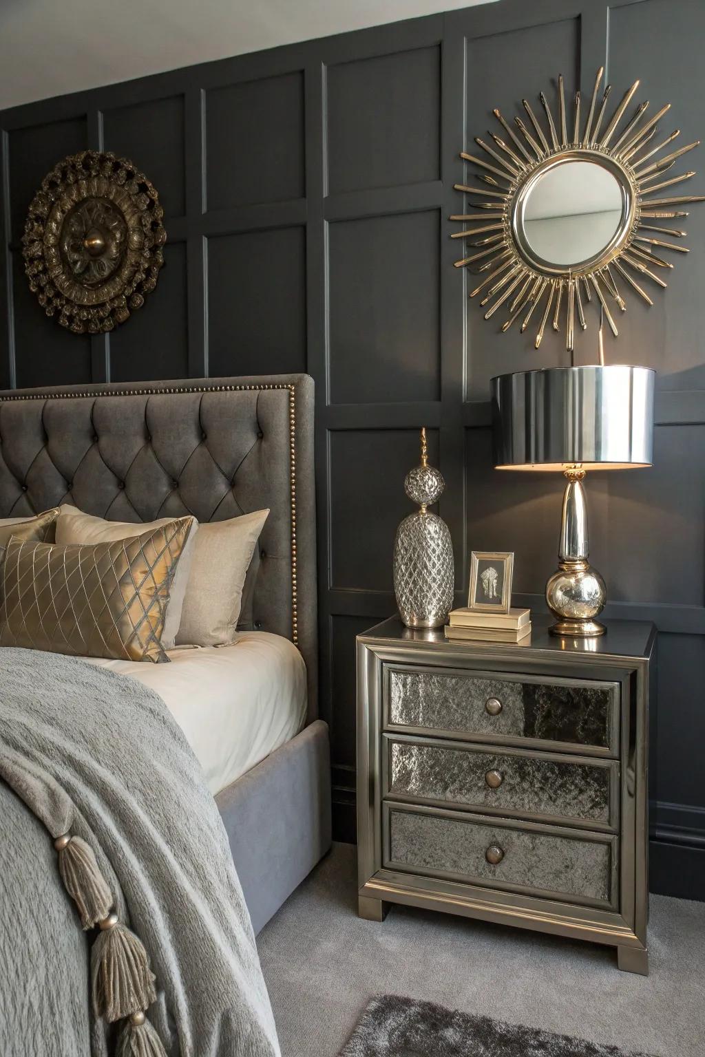 Glamorous metallics complement charcoal interiors.