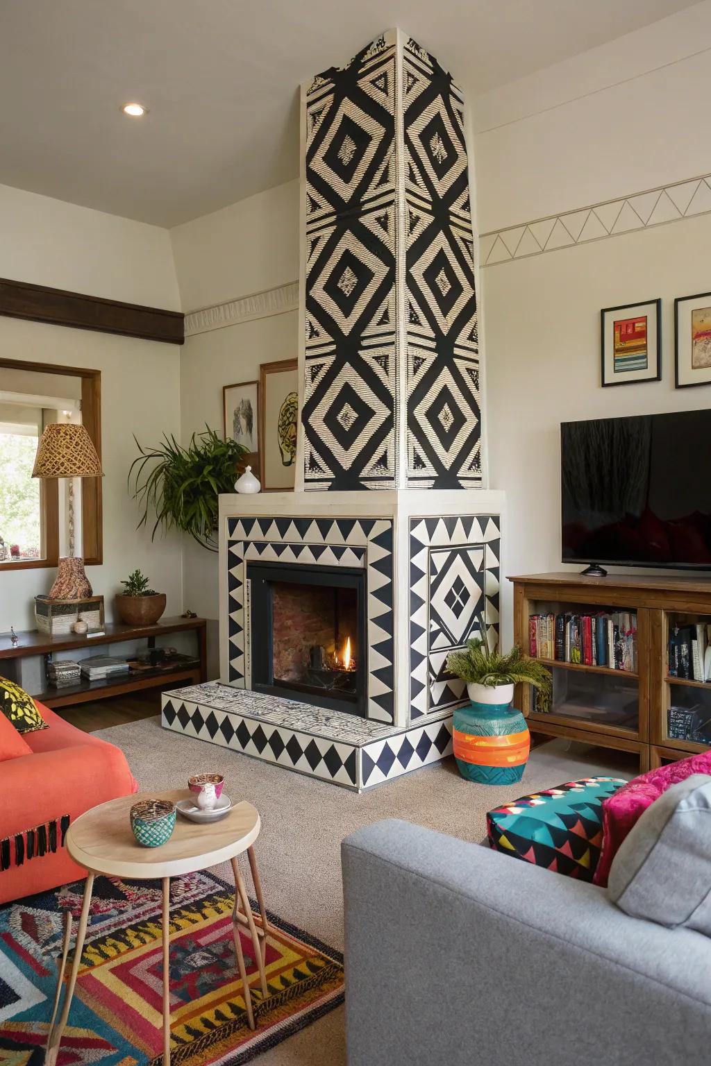 Geometric patterns add artistic flair, making the chimney a true work of art.