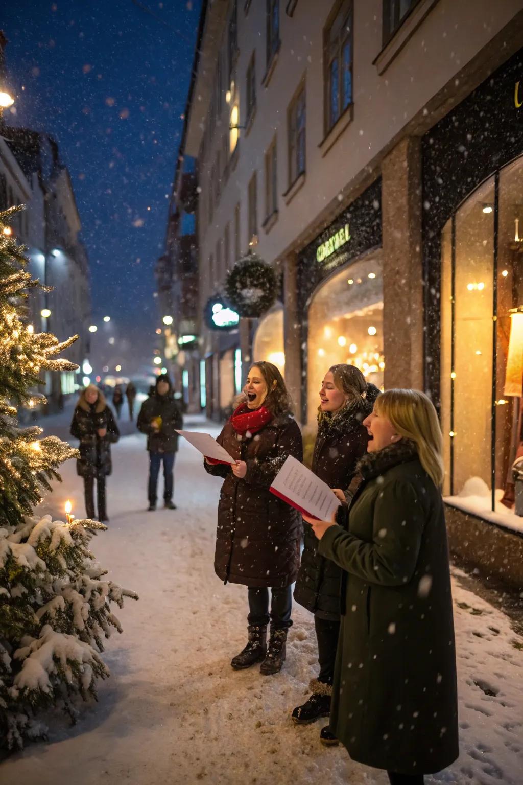 Joyful carolers spread Christmas cheer throughout the community.
