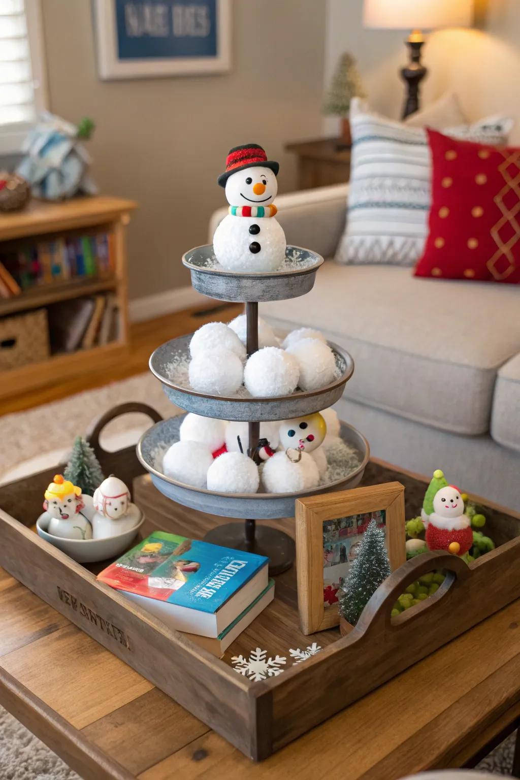 A cheerful snowman gathering on a tiered tray.