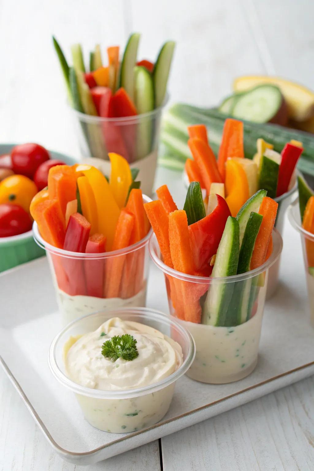 Colorful veggie cups, a refreshing and healthy snack.