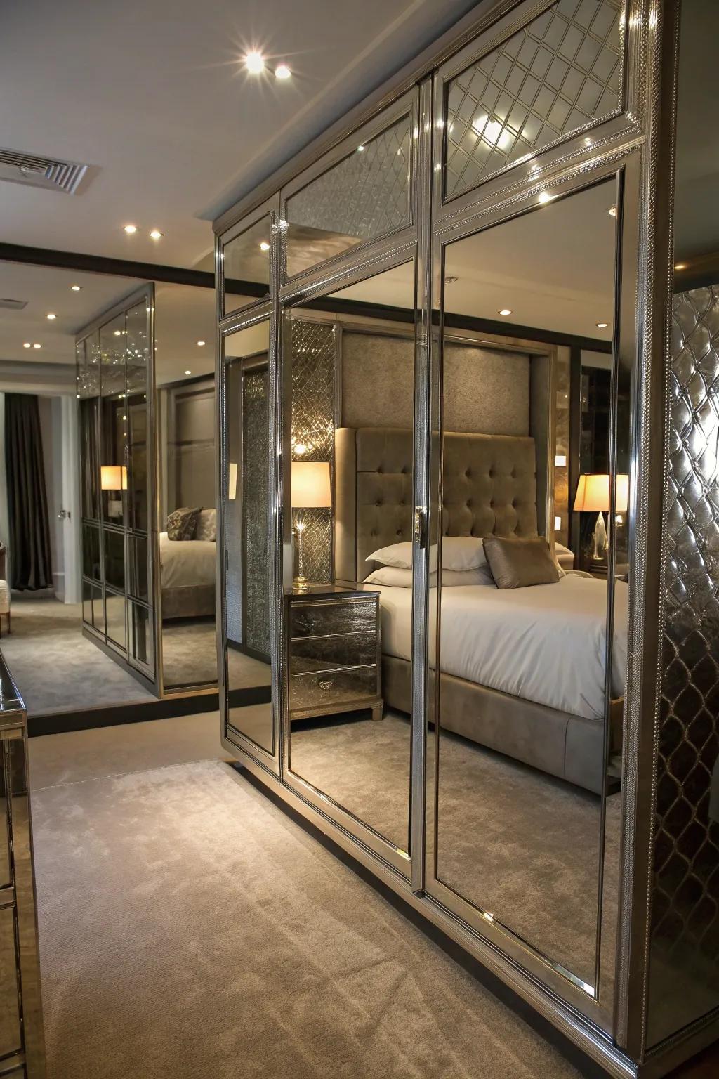 Reflective surfaces enhance light and space in this bedroom.